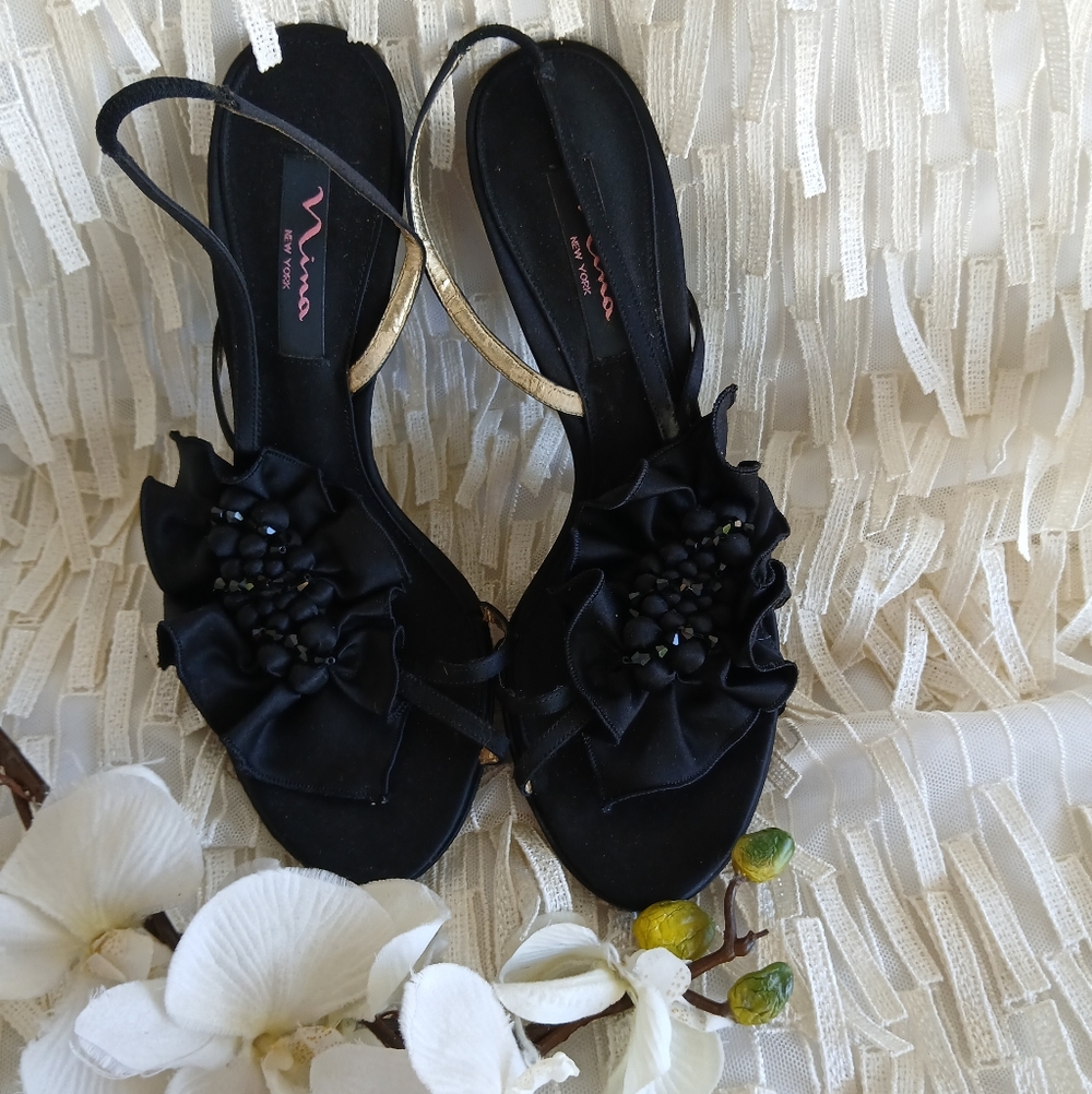 Nina Black Satin Strappy Heels